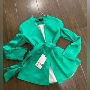 Zara green belted satin effect classic fit blazer